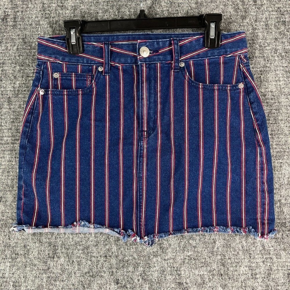 American Eagle Womens Skirt 8 Long Hi-Rise Mini Denim A-Line Striped Stretch